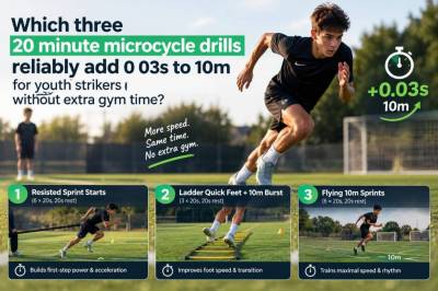 Which three 20-minute microcycle drills reliably add 0.03s to 10m for youth strikers without extra gym time