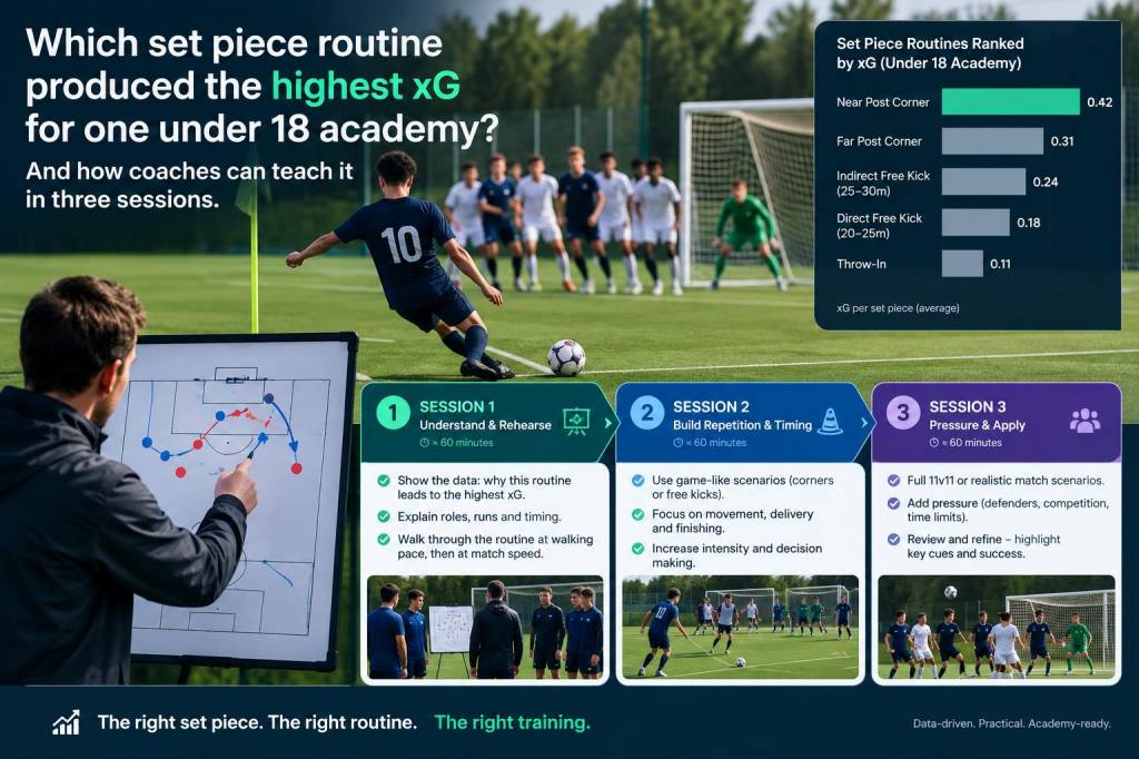 Which set-piece routine produced the highest xg for one under-18 academy and how coaches can teach it in three sessions